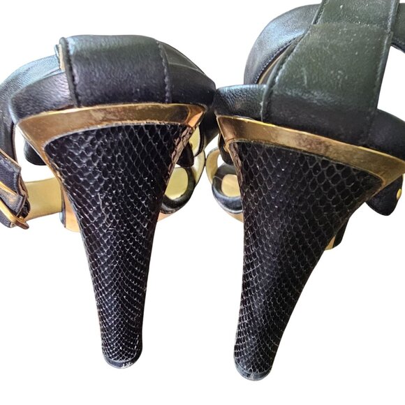 Jimmy Choo Black Leather & Gold Snake-Print Heeled Sandals With Buckle Closure S - Picture 4 of 13